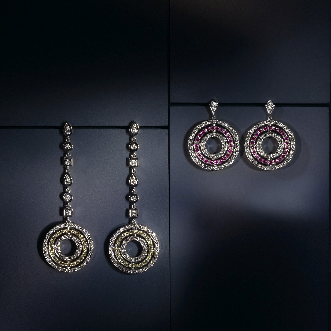 CIRCLE DROP EARRINGS WITH YELLOW SAPPHIRES & DIAMONDS. CIRCLE DROP EARRINGS WITH PINK SAPPHIRES & DIAMONDS