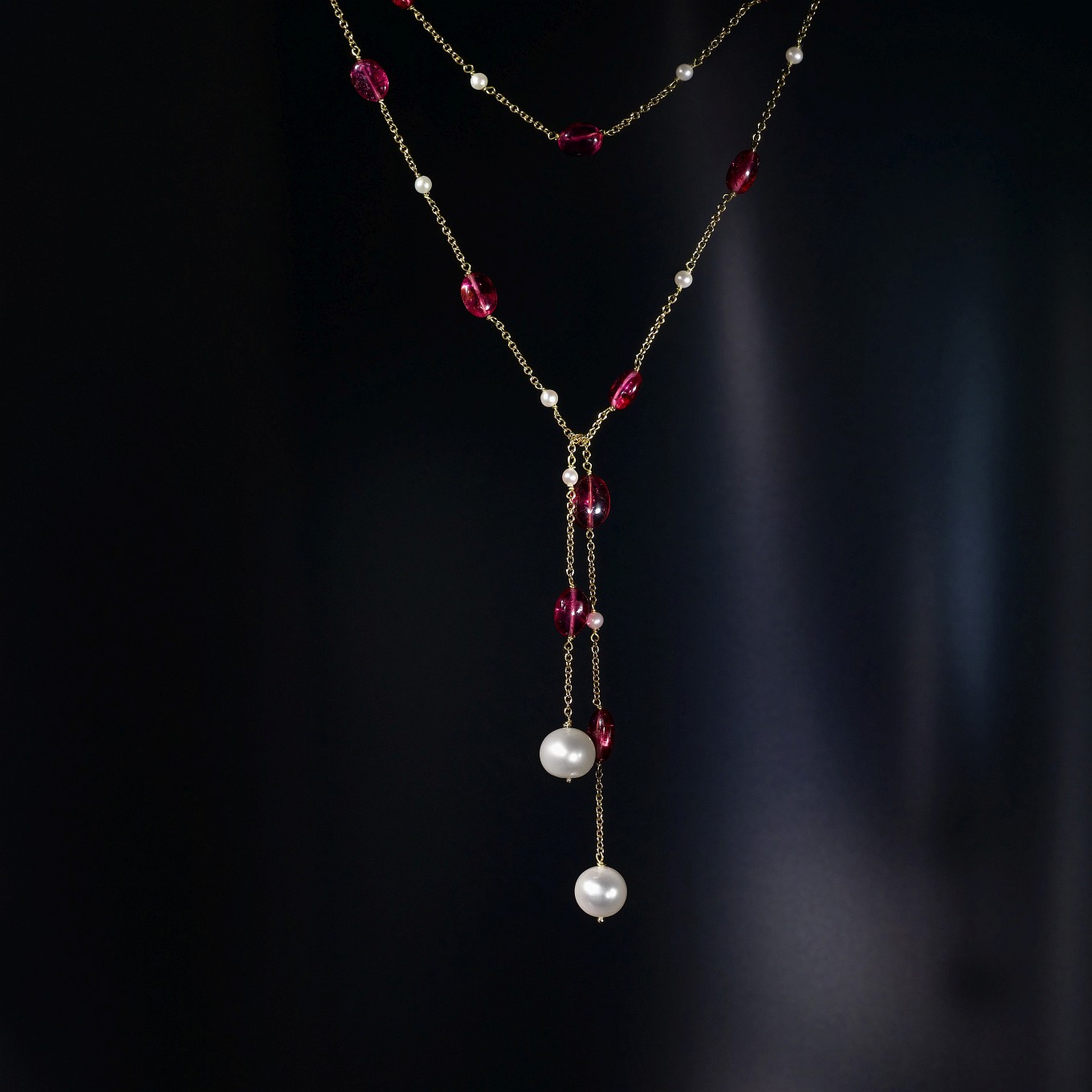 PINK TOURMALINE BEAD & PEARL LARIAT NECKLACE