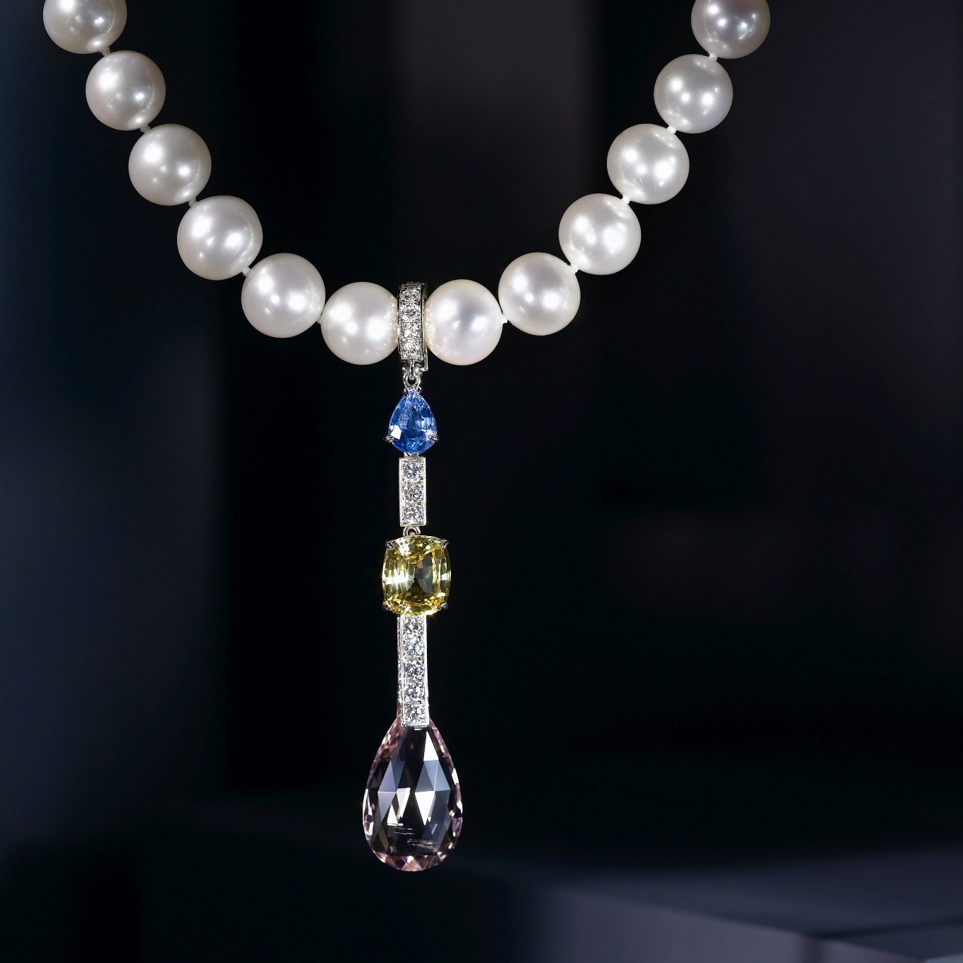 FRESHWATER PEARL NECKLACE. DETACHABLE DROP PENDANT WITH BLUE & YELLOW SAPPHIRE, MORGANITE & DIAMONDS