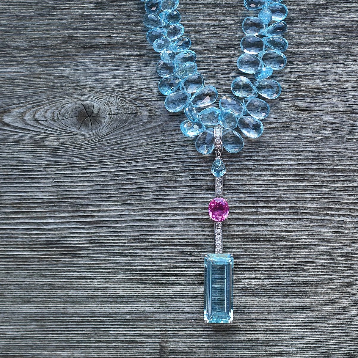 “Annabelle” 26.34 ct Aquamarine & Pink Tourmaline drop pendant with Diamonds in white gold - shown with detachable Blue topaz briolette choker