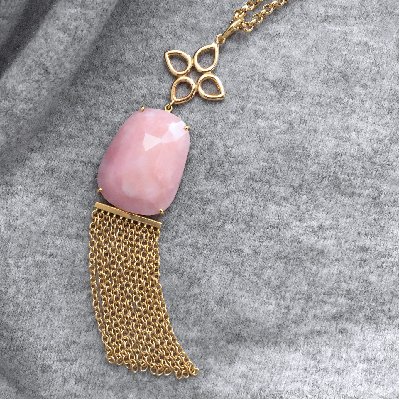 PINK OPAL TASSEL PENDANT IN YELLOW GOLD <br/>SHOWN ON YELLOW GOLD CHAIN