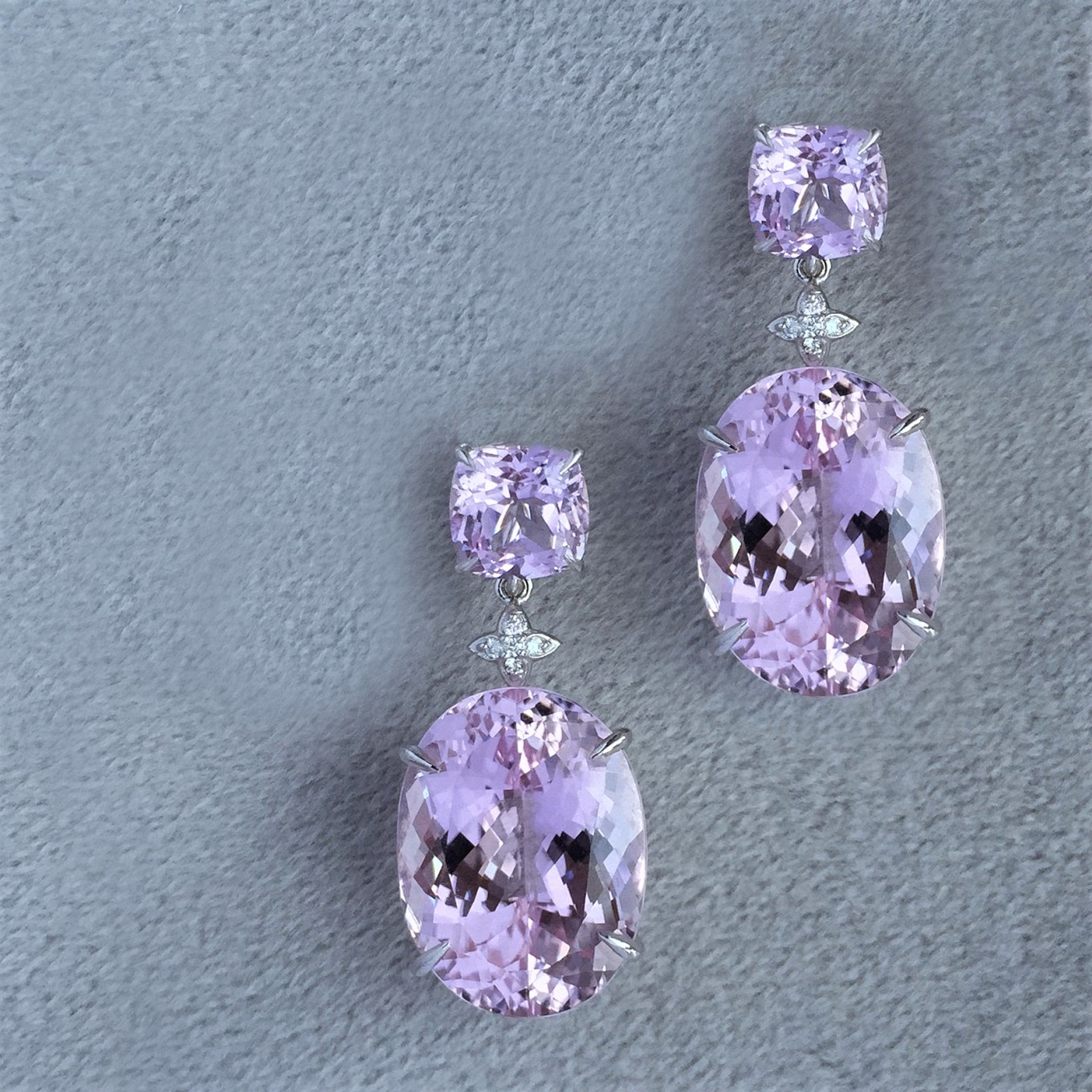 Cushion shape & oval kunzite earrings with detachable drops in white gold & diamonds