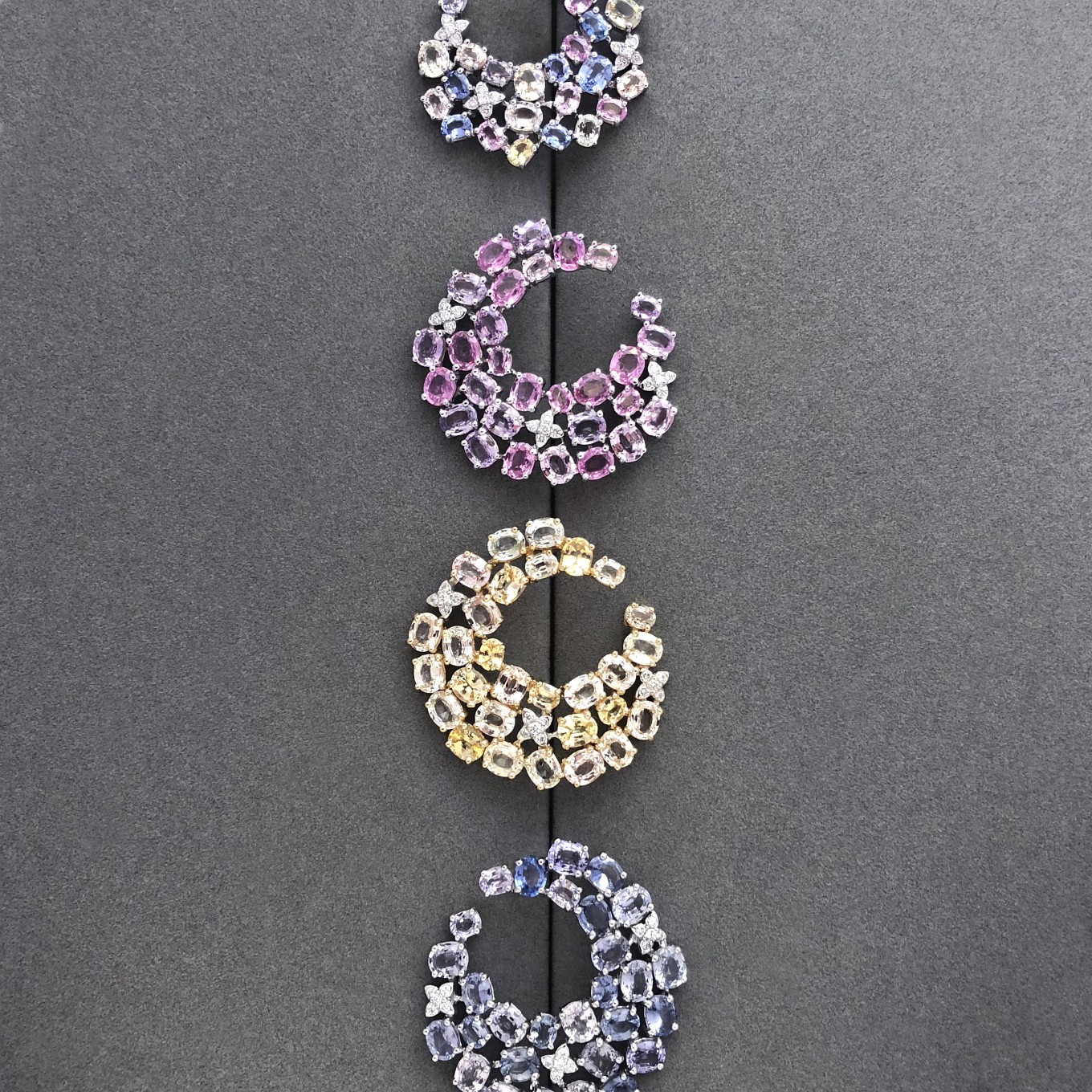 MULTI-COLOUR, BLUE ,YELLOW & PINK SAPPHIRE “SWIRL” EARRINGS IN WHITE GOLD
