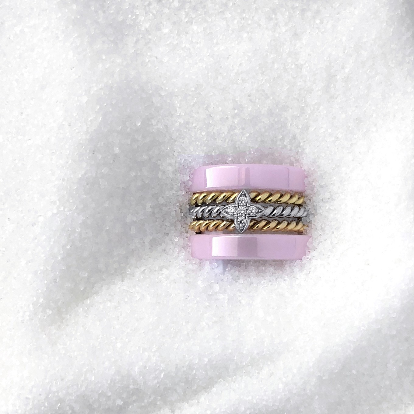 PINK CERAMIC BANDS<br/>PAIRED WITH BRAIDED BANDS & DIAMOND SEVILLA BAND