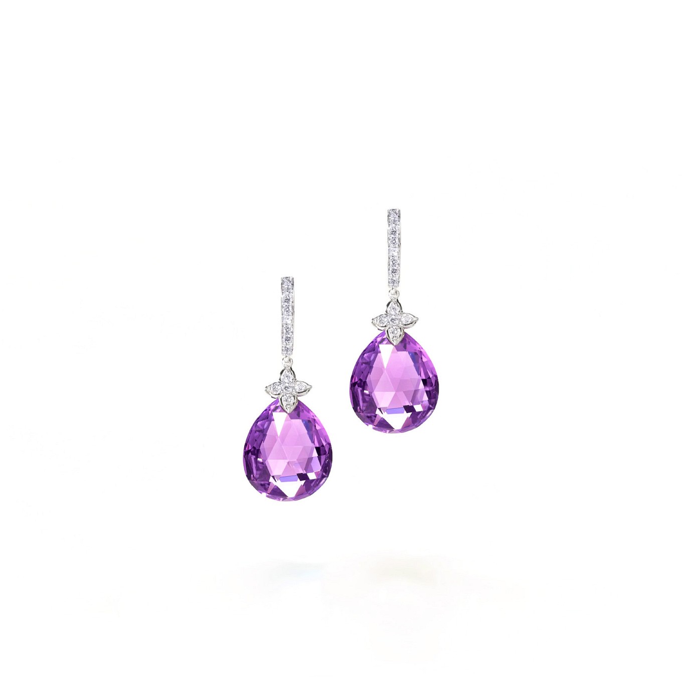 Amethyst Pear Shaped Earrings. Diamonds and white gold
