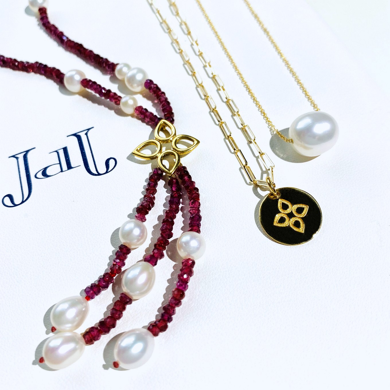 RHODOLITE & FRESHWATER PEARL NECKLACE 2900 - LOVE DISC PENDANT 595 ( CHAIN SOLD SEPERATELY ) IN YELLOW GOLD - FRESHWATER PEARL FLOAT PENDANT 695